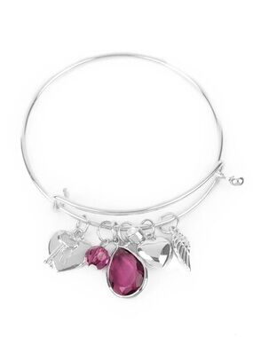 Silver Charm Bangle Bracelet with Purple Gemstone